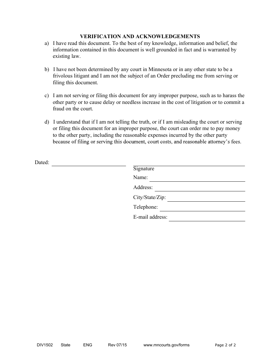 Form DIV1502 Notice of Motion and Responsive Motion for Contempt of Court - Minnesota, Page 2