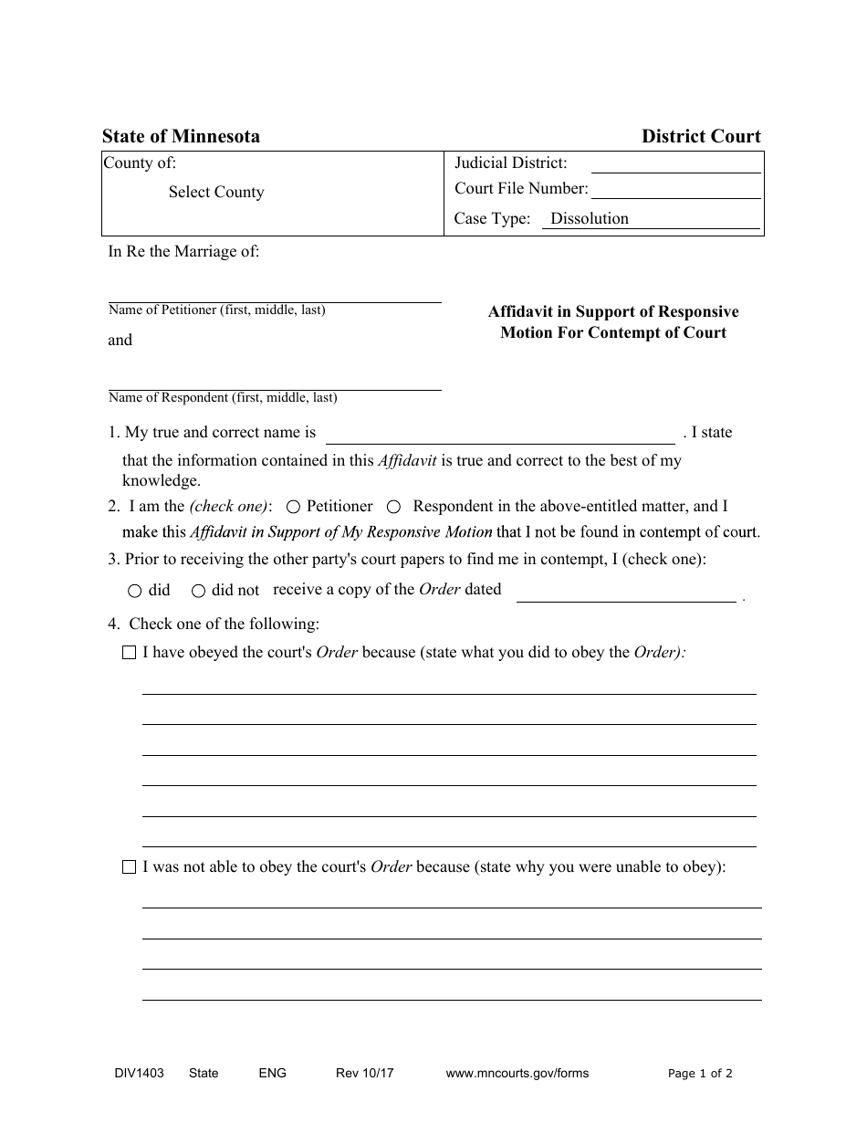 Form DIV1403 Affidavit in Support of Responsive Motion for Contempt of Court - Minnesota, Page 1