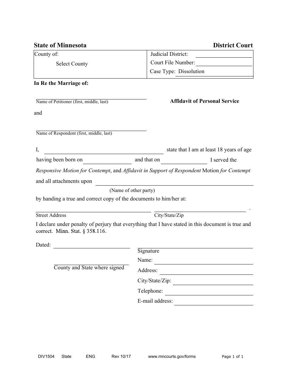 Form DIV1504 Affidavit of Personal Service - Response to Motion for Contempt - Minnesota, Page 1