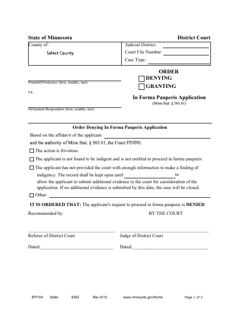 Form IFP104 Proposed Order for Proceeding in Forma Pauperis (Ifp) - Minnesota