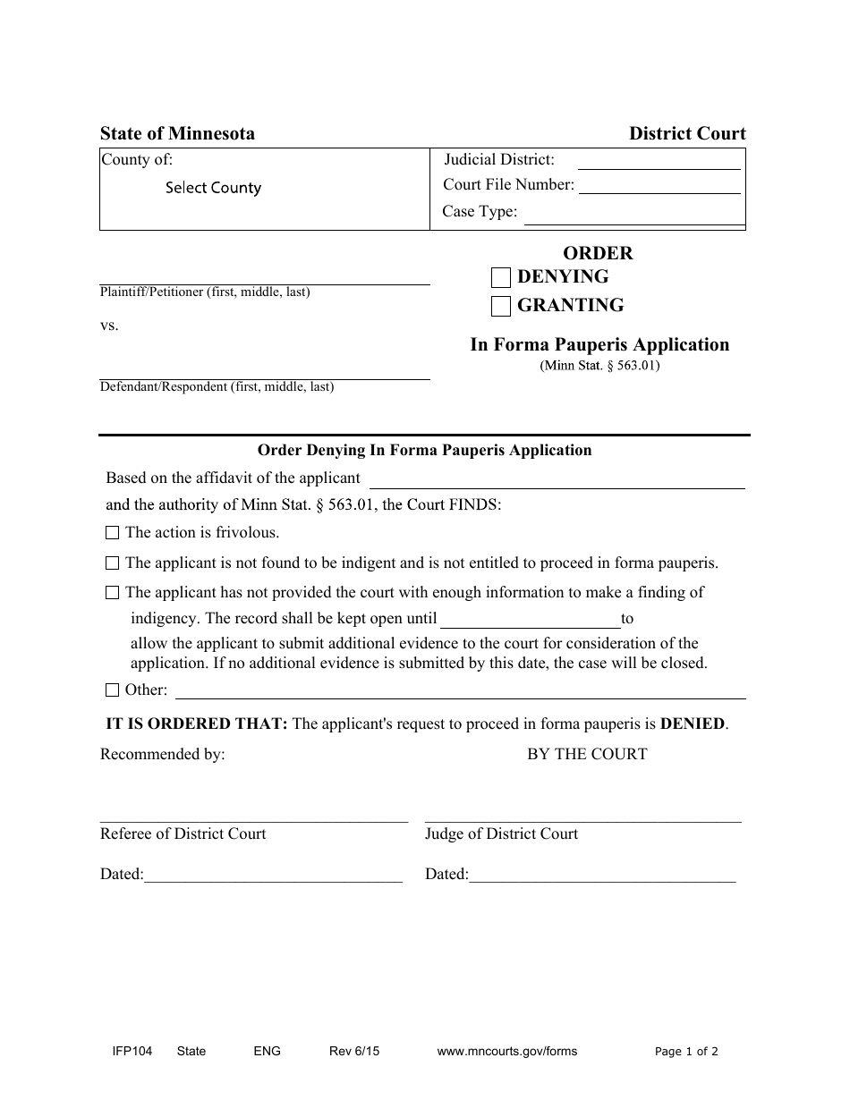 Form IFP104 Proposed Order for Proceeding in Forma Pauperis (Ifp) - Minnesota, Page 1