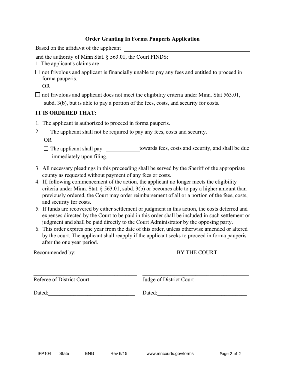 Form IFP104 Proposed Order for Proceeding in Forma Pauperis (Ifp) - Minnesota, Page 2