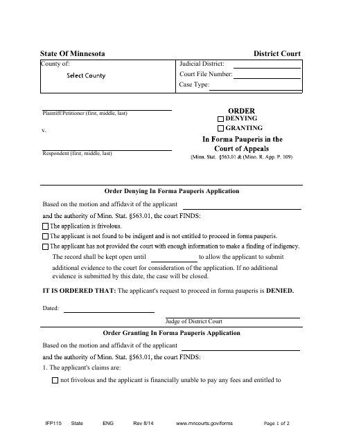 Form IFP115 Order Denying / Granting in Forma Pauperis in the Court of Appeals - Minnesota
