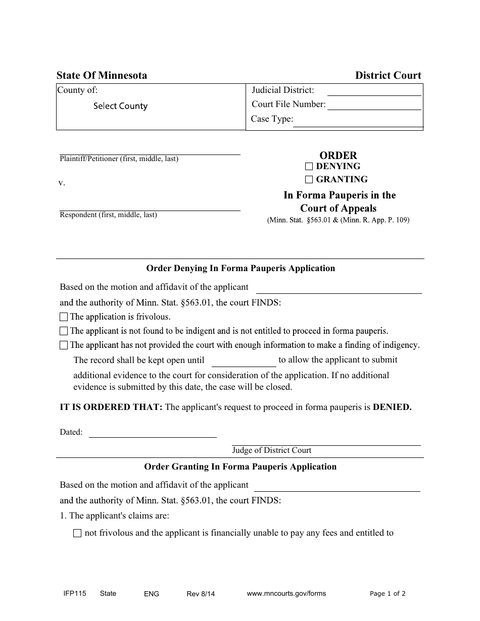 Form Ifp115 Download Fillable Pdf Or Fill Online Order Denying Granting In Forma Pauperis In The Court Of Appeals Minnesota Templateroller