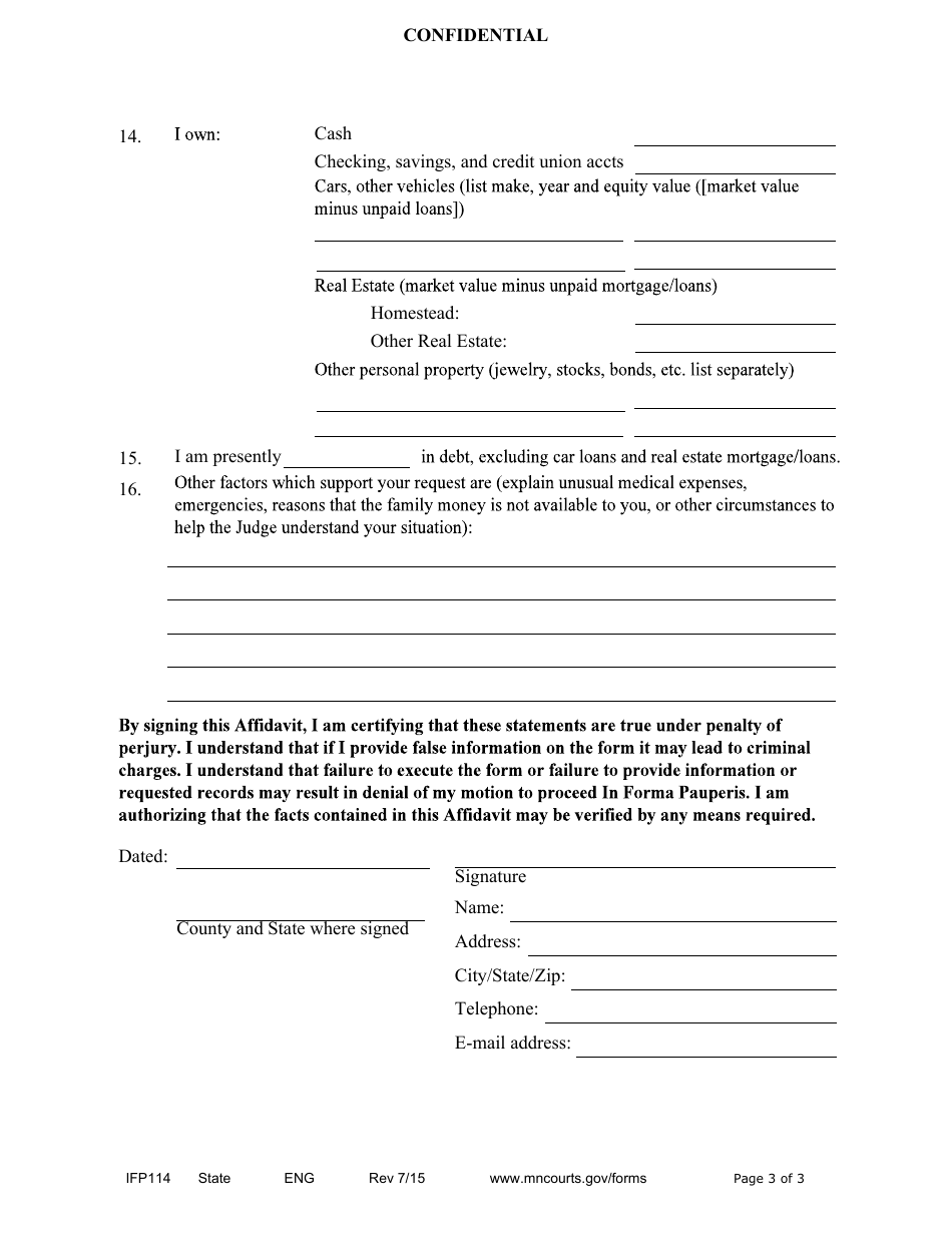 Form IFP114 Motion and Affidavit for Proceeding in Forma Pauperis in the Court of Appeals - Minnesota, Page 3