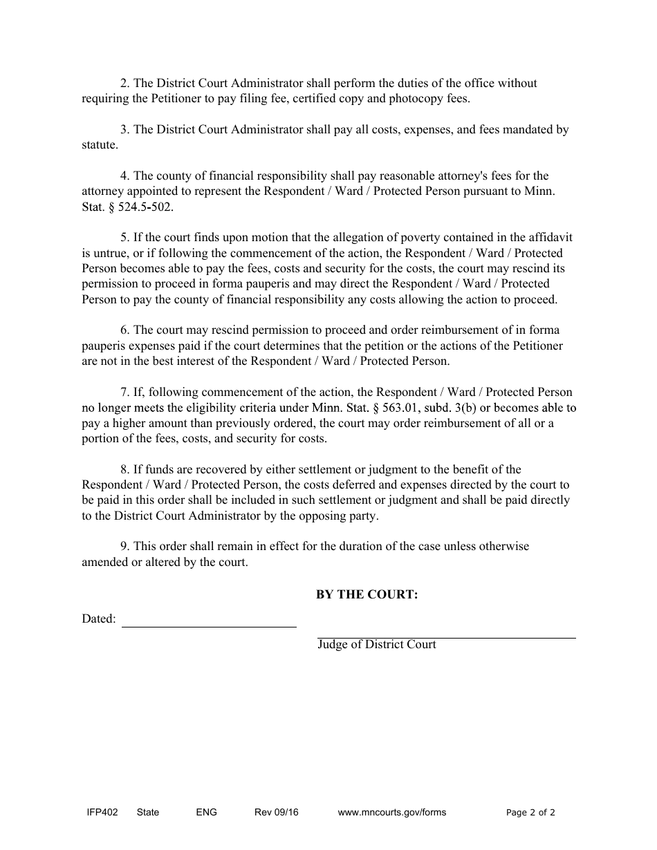 Form IFP402 Order for Proceeding in Forma Pauperis (Guardianship / Conservatorship) - Minnesota, Page 2