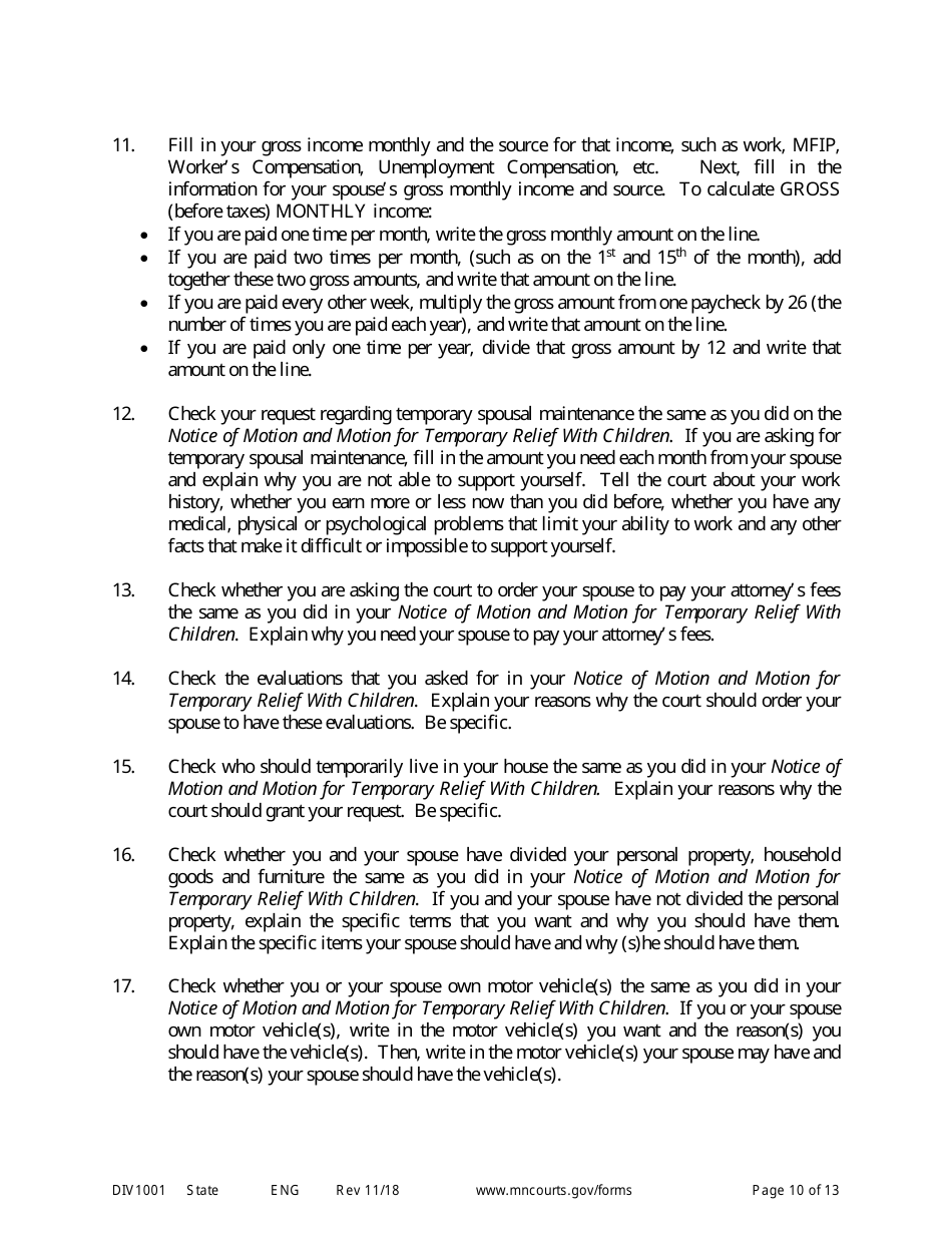 Instructions for Request for Temporary Relief Pending Final Hearing With Children - Minnesota, Page 10