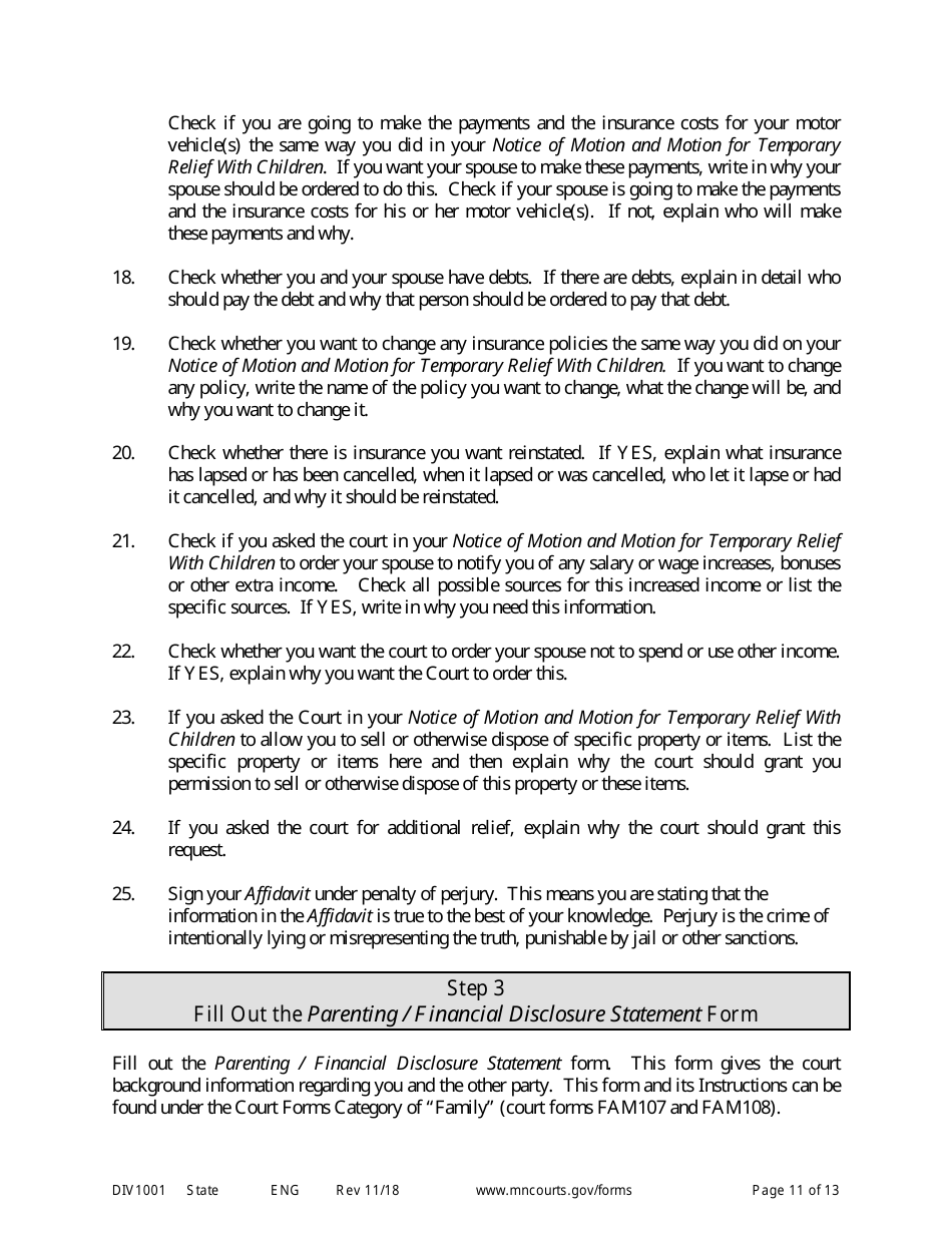 Instructions for Request for Temporary Relief Pending Final Hearing With Children - Minnesota, Page 11