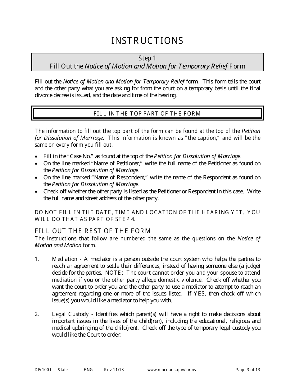 Instructions for Request for Temporary Relief Pending Final Hearing With Children - Minnesota, Page 3