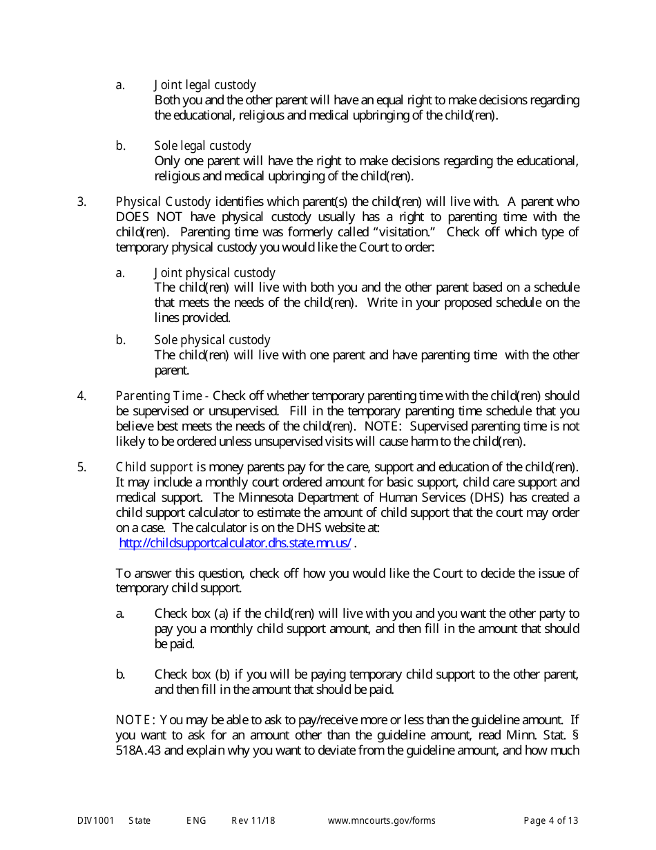 Instructions for Request for Temporary Relief Pending Final Hearing With Children - Minnesota, Page 4
