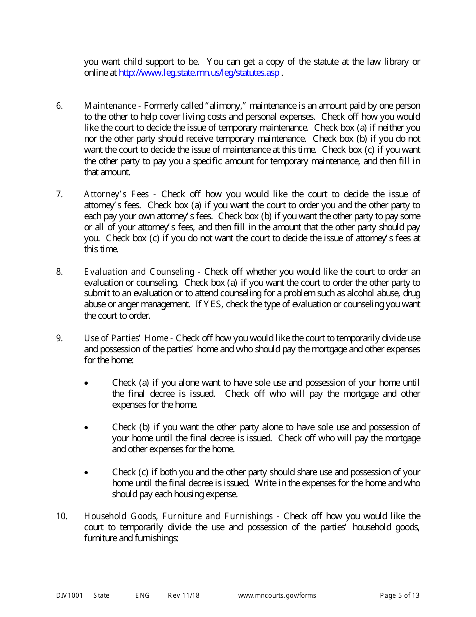 Instructions for Request for Temporary Relief Pending Final Hearing With Children - Minnesota, Page 5