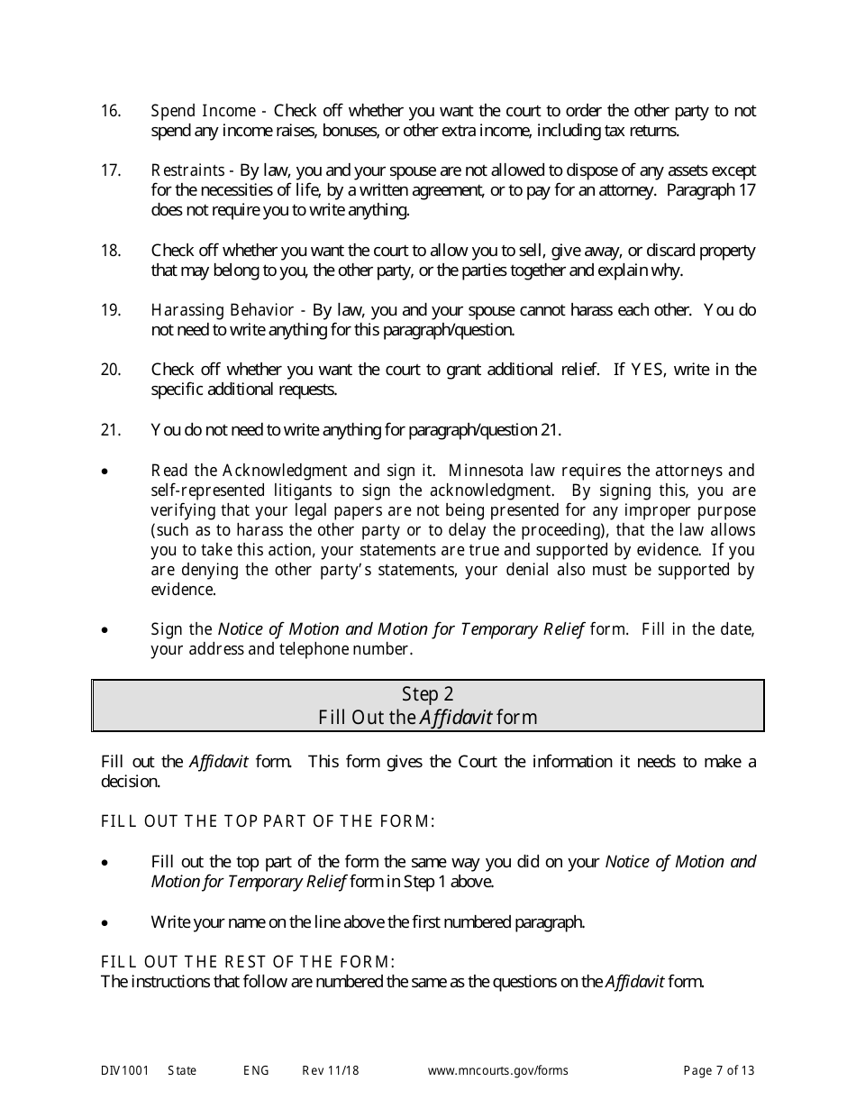 Instructions for Request for Temporary Relief Pending Final Hearing With Children - Minnesota, Page 7