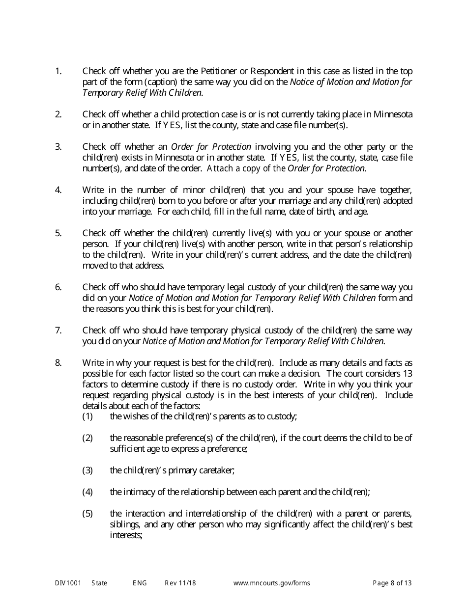 Instructions for Request for Temporary Relief Pending Final Hearing With Children - Minnesota, Page 8