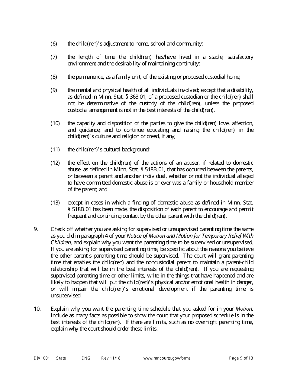 Instructions for Request for Temporary Relief Pending Final Hearing With Children - Minnesota, Page 9