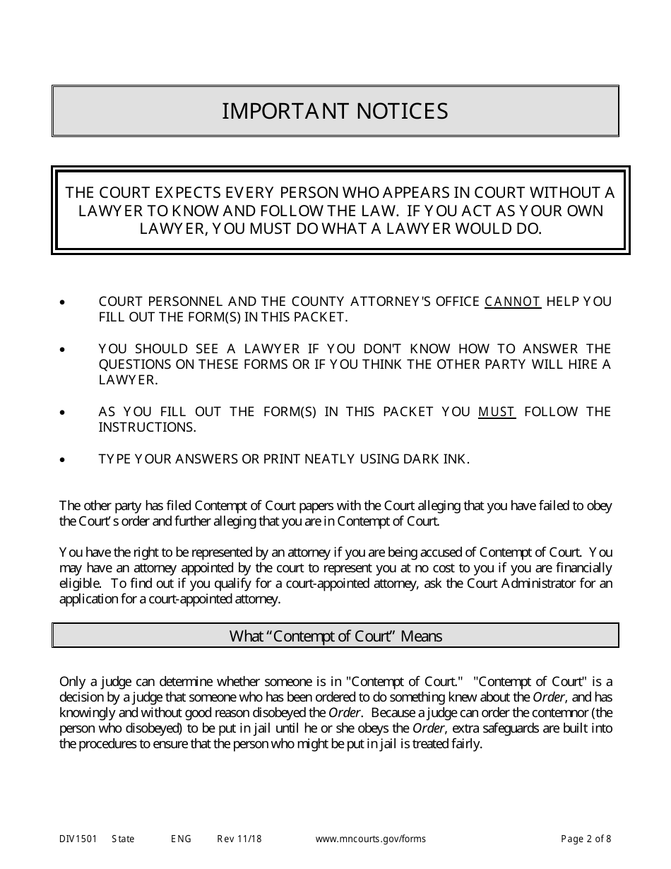 Form DIV1501 Instructions for Response to Motion for Contempt of Court - Minnesota, Page 2