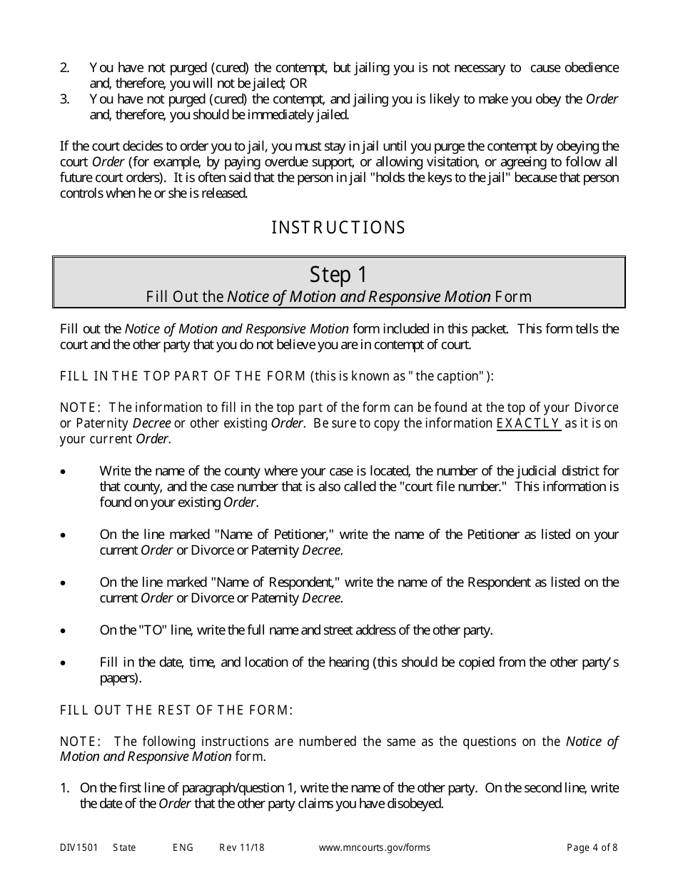 Form DIV1501 Instructions for Response to Motion for Contempt of Court - Minnesota, Page 4
