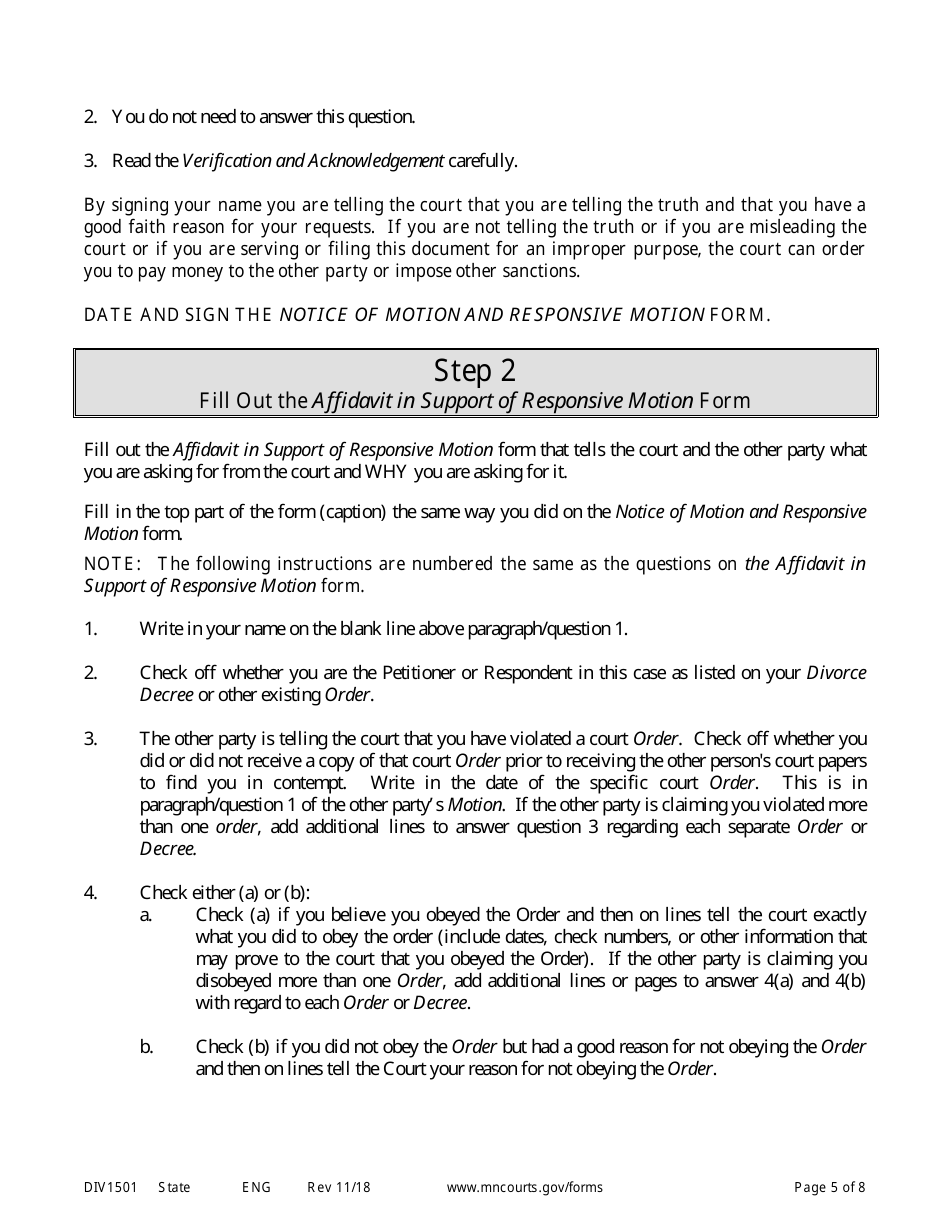 Form DIV1501 Instructions for Response to Motion for Contempt of Court - Minnesota, Page 5