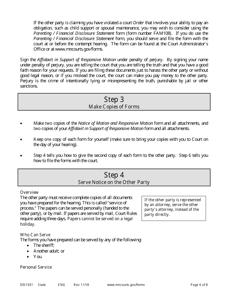 Form DIV1501 Instructions for Response to Motion for Contempt of Court - Minnesota, Page 6