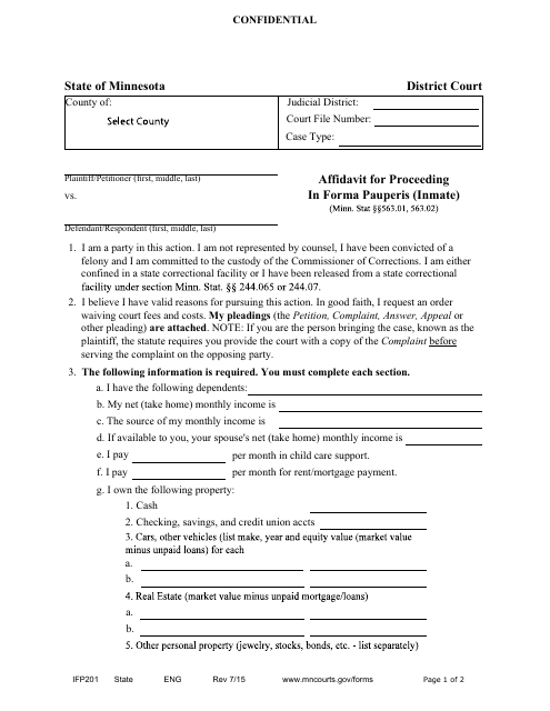 Form IFP201 Affidavit for Proceeding in Forma Pauperis (Inmate) - Minnesota