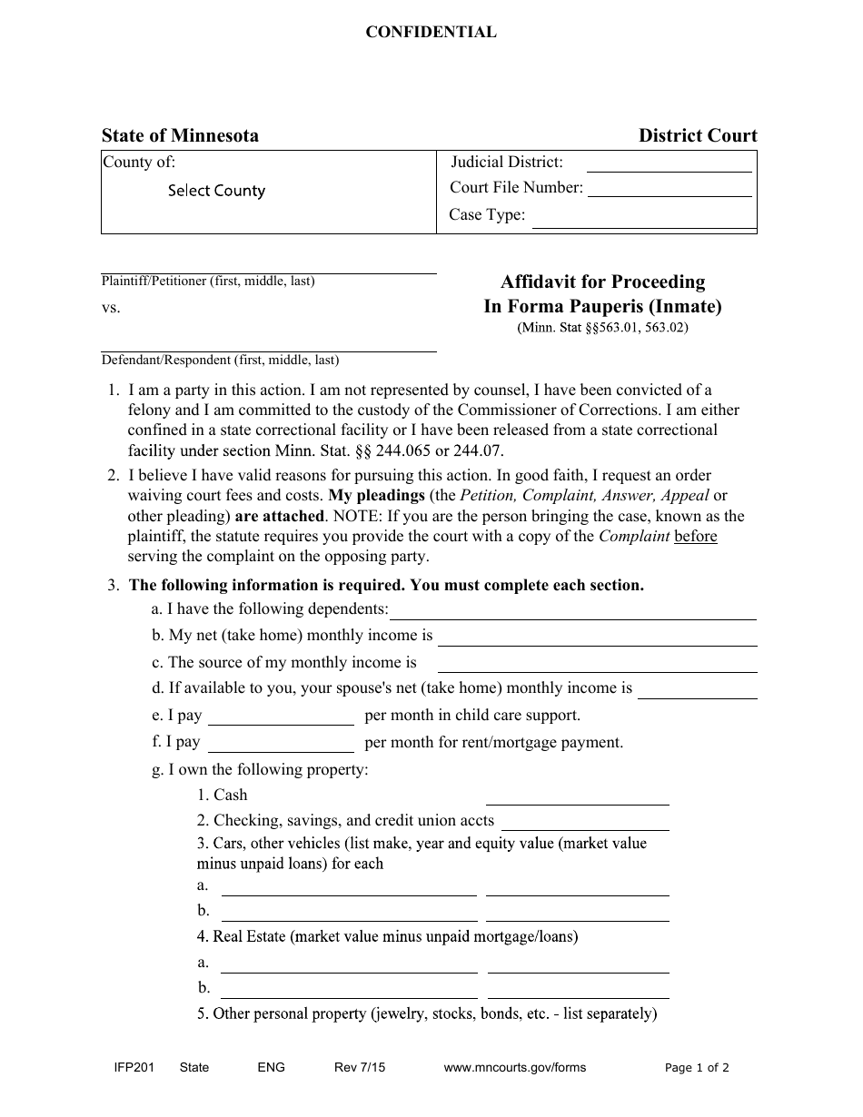 Form IFP201 Affidavit for Proceeding in Forma Pauperis (Inmate) - Minnesota, Page 1