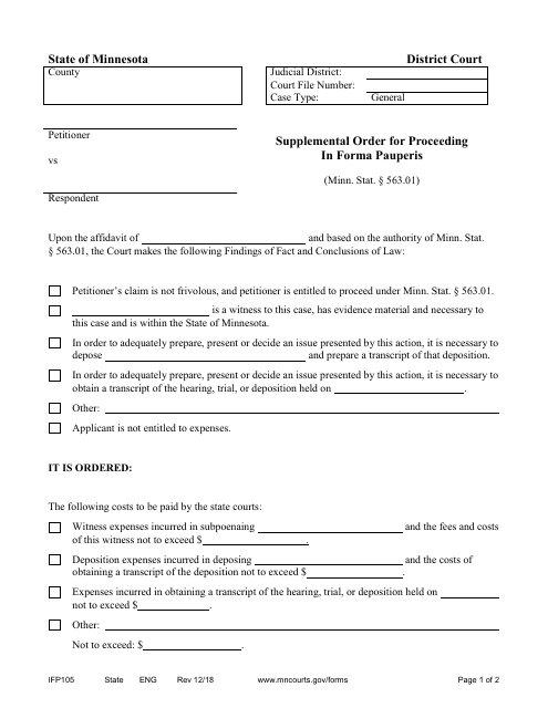 Form IFP105 Supplemental Order for Proceeding in Forma Pauperis - Minnesota