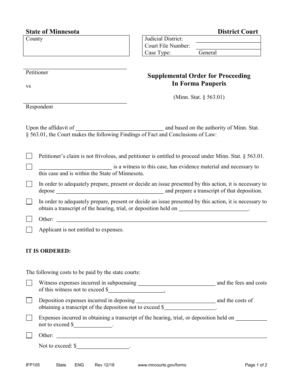 Form IFP105 Supplemental Order for Proceeding in Forma Pauperis - Minnesota, Page 1