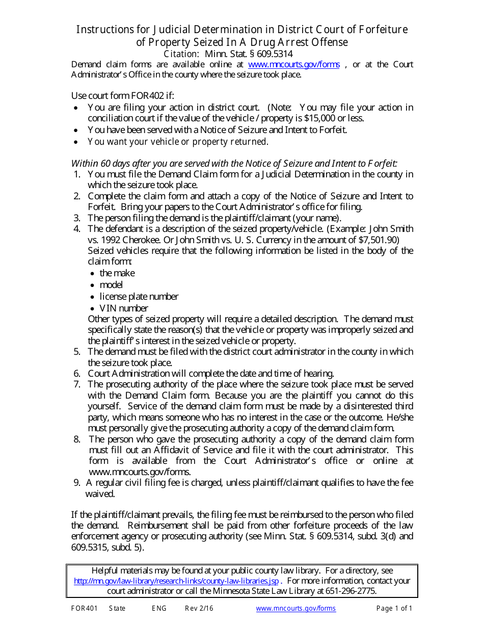 Instructions for Form FOR402 Judicial Determination in District Court of Forfeiture of Property Seized in a Drug Arrest Offense - Minnesota, Page 1