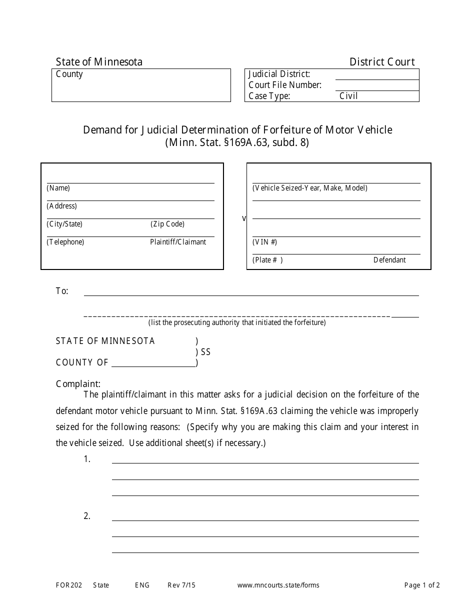 Form FOR202 Demand for Judicial Determination of Forfeiture of Motor Vehicle - Minnesota, Page 1