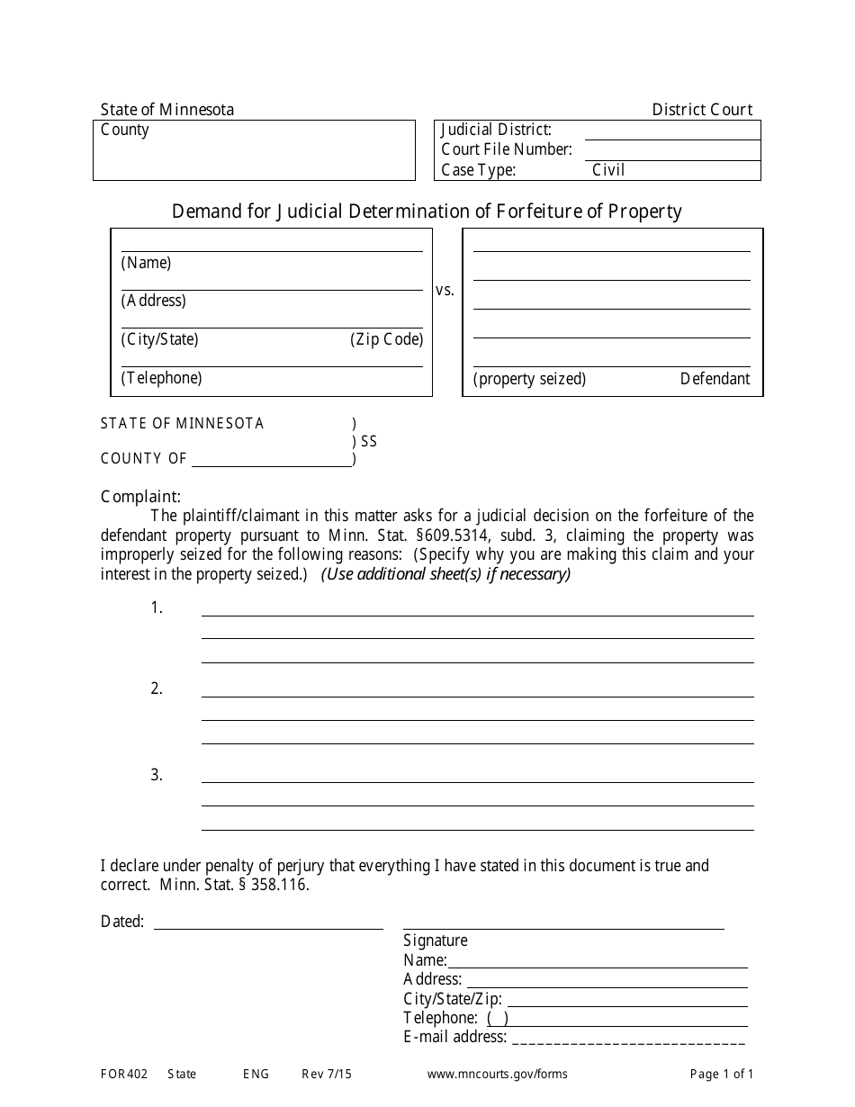 Form FOR402 Demand for Judicial Determination of Forfeiture of Property - Minnesota, Page 1