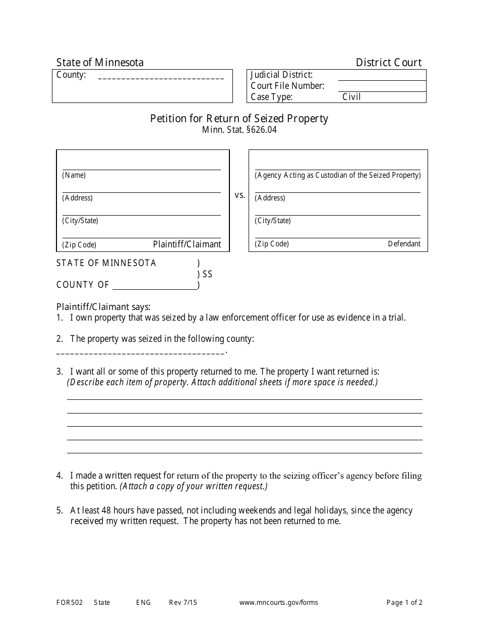 Form FOR502 Petition for Return of Seized Property - Minnesota, Page 1