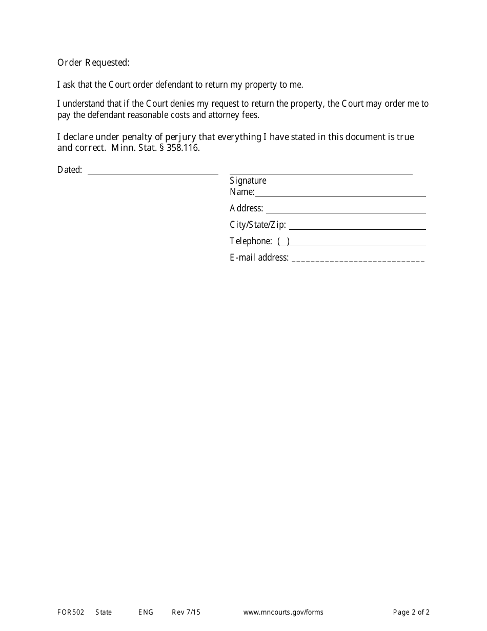 Form FOR502 Petition for Return of Seized Property - Minnesota, Page 2