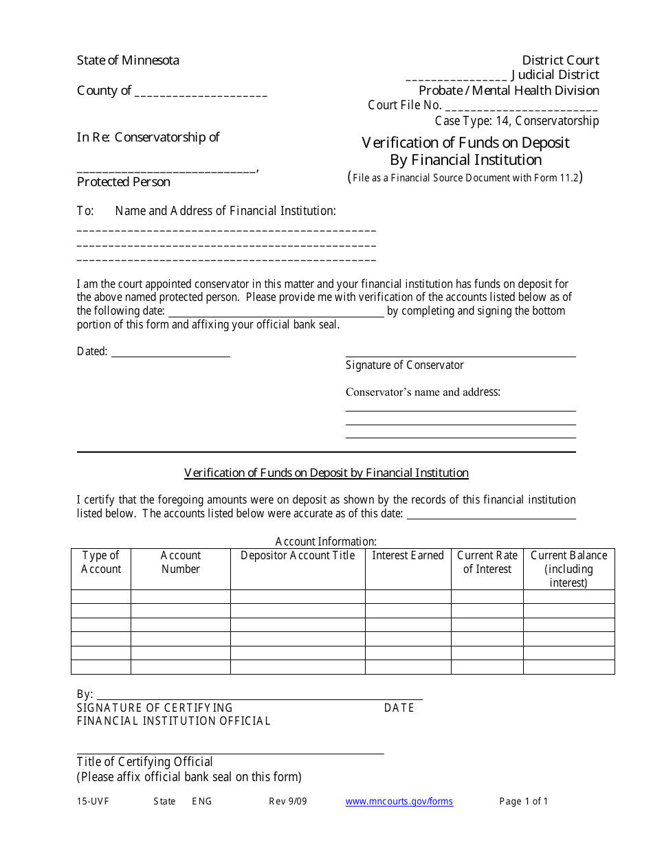 Form 15-UVF Verification of Funds on Deposit by Financial Institution - Minnesota, Page 1