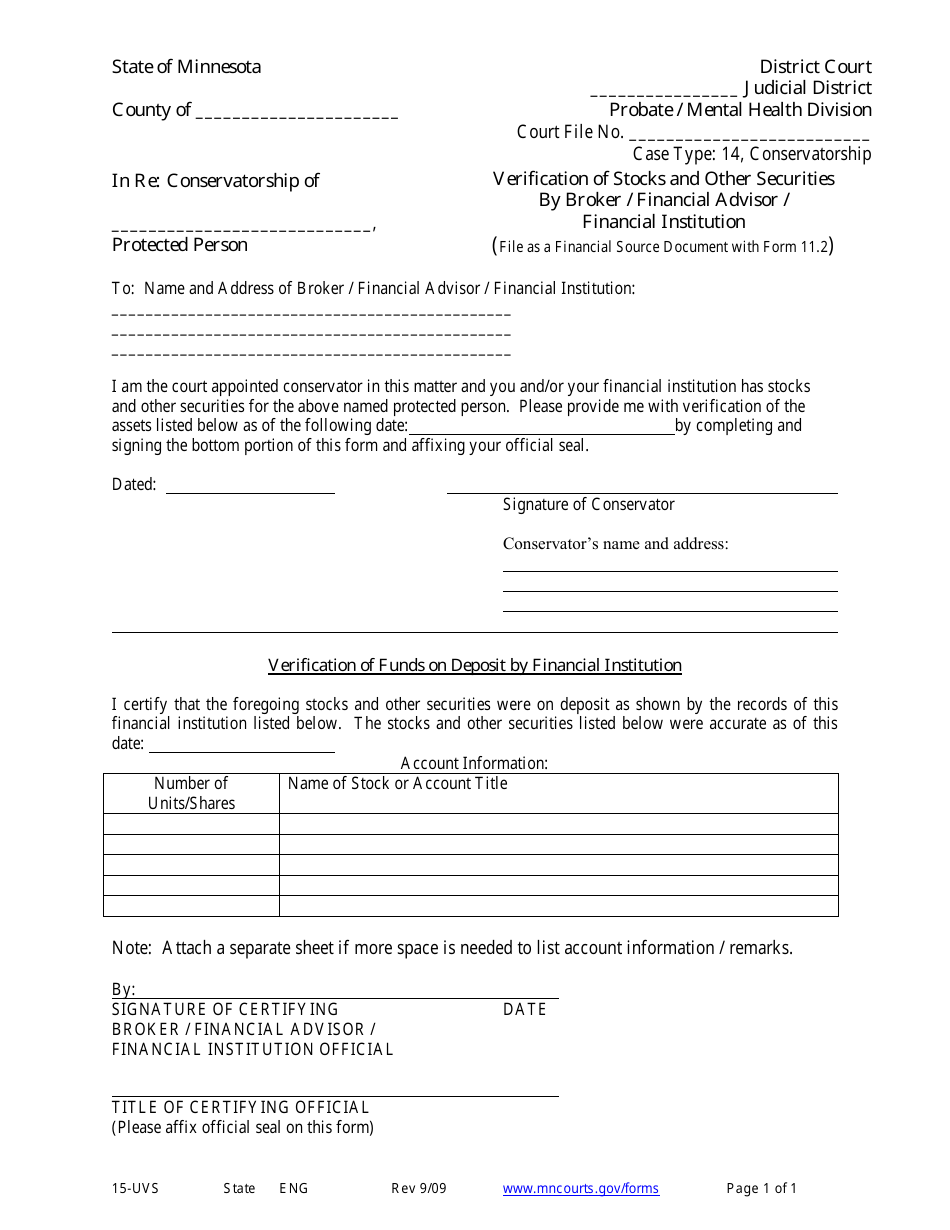 Form 15-UVS Verification of Stocks and Other Securities by Broker / Financial Advisor / Financial Institution - Minnesota, Page 1