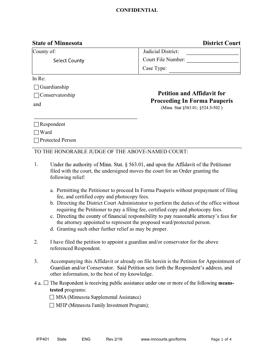 Form IFP401 Petition and Affidavit for Proceeding in Forma Pauperis (Guardianship / Conservatorship) - Minnesota, Page 1