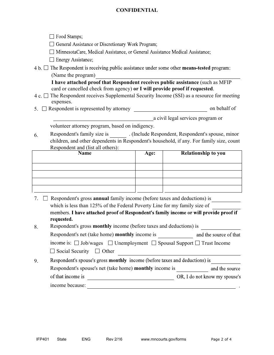 Form IFP401 Petition and Affidavit for Proceeding in Forma Pauperis (Guardianship / Conservatorship) - Minnesota, Page 2