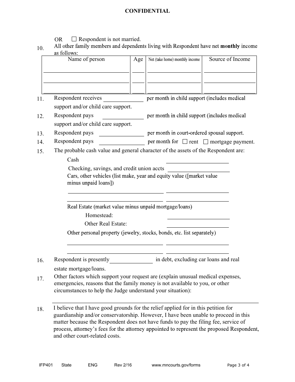 Form IFP401 Petition and Affidavit for Proceeding in Forma Pauperis (Guardianship / Conservatorship) - Minnesota, Page 3