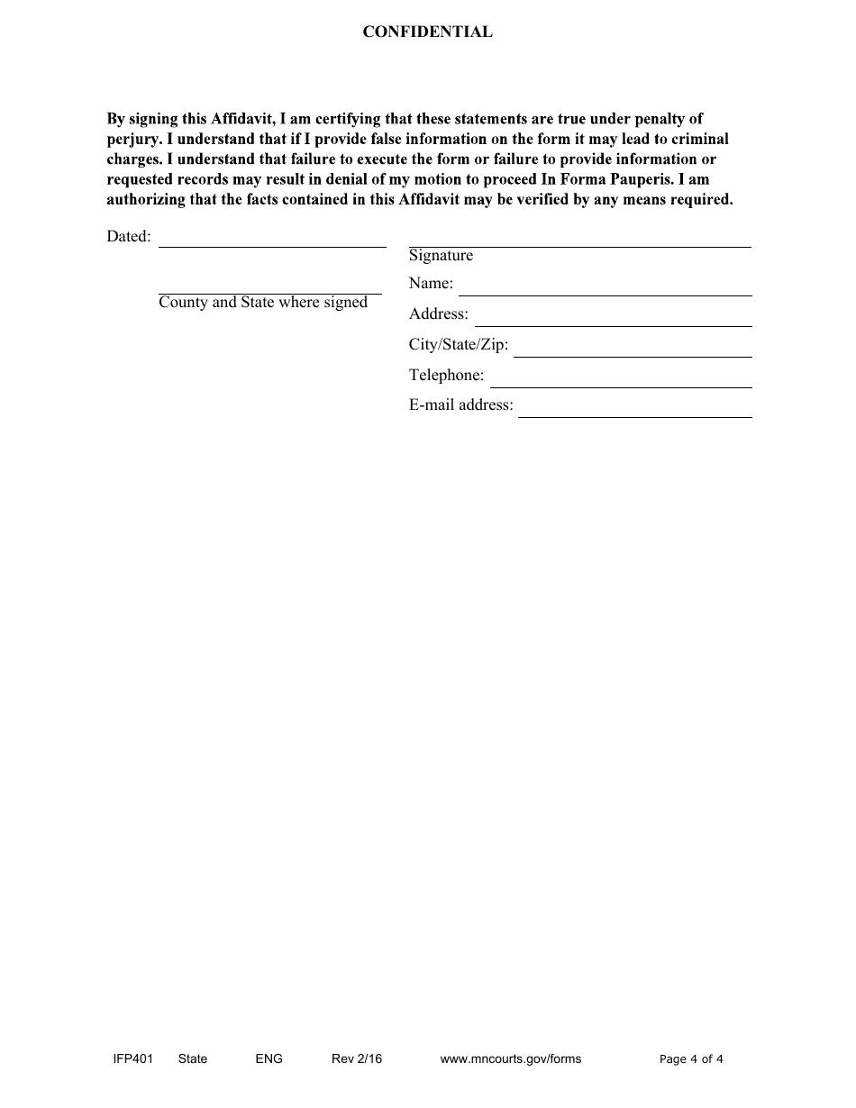 Form IFP401 Petition and Affidavit for Proceeding in Forma Pauperis (Guardianship / Conservatorship) - Minnesota, Page 4