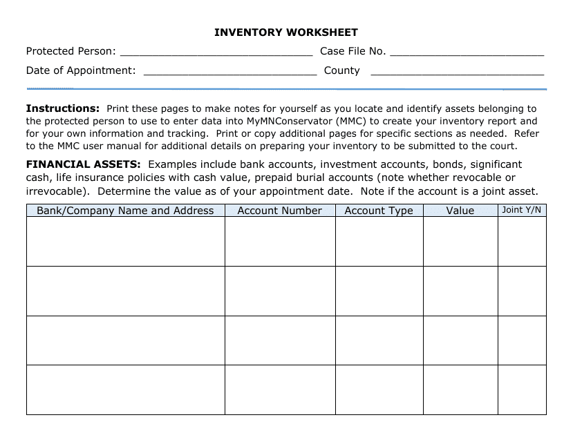 Inventory Worksheet - Minnesota Download Pdf