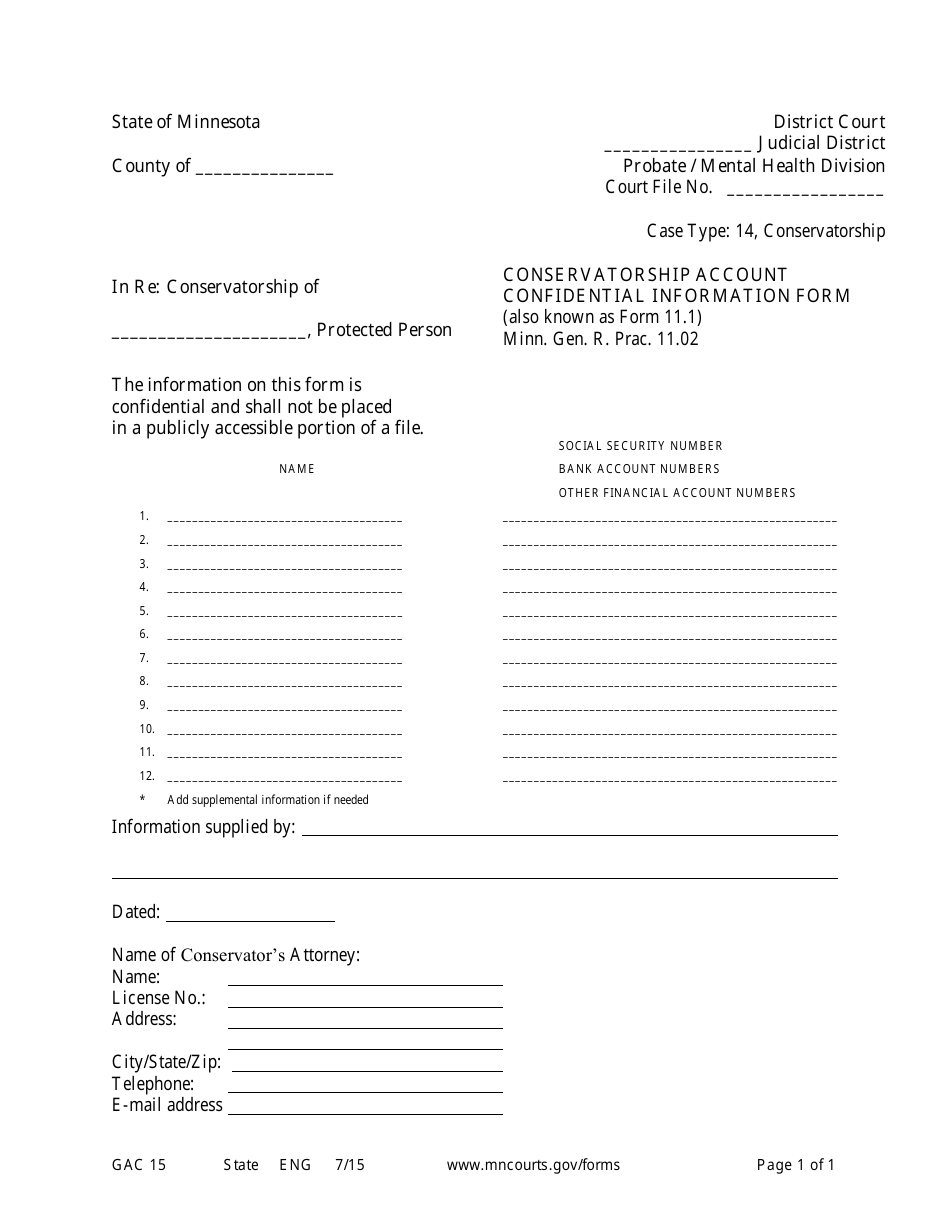 Form GAC15 Conservatorship Account Confidential Information Form - Minnesota, Page 1