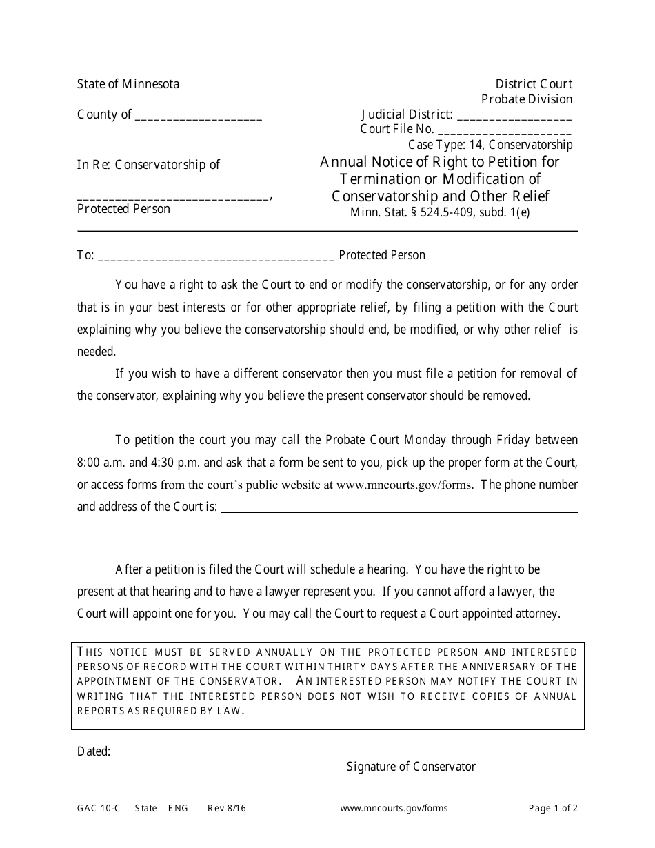 Form GAC10-C Annual Notice of Right to Petition for Termination or Modification of Conservatorship and Other Relief - Minnesota, Page 1
