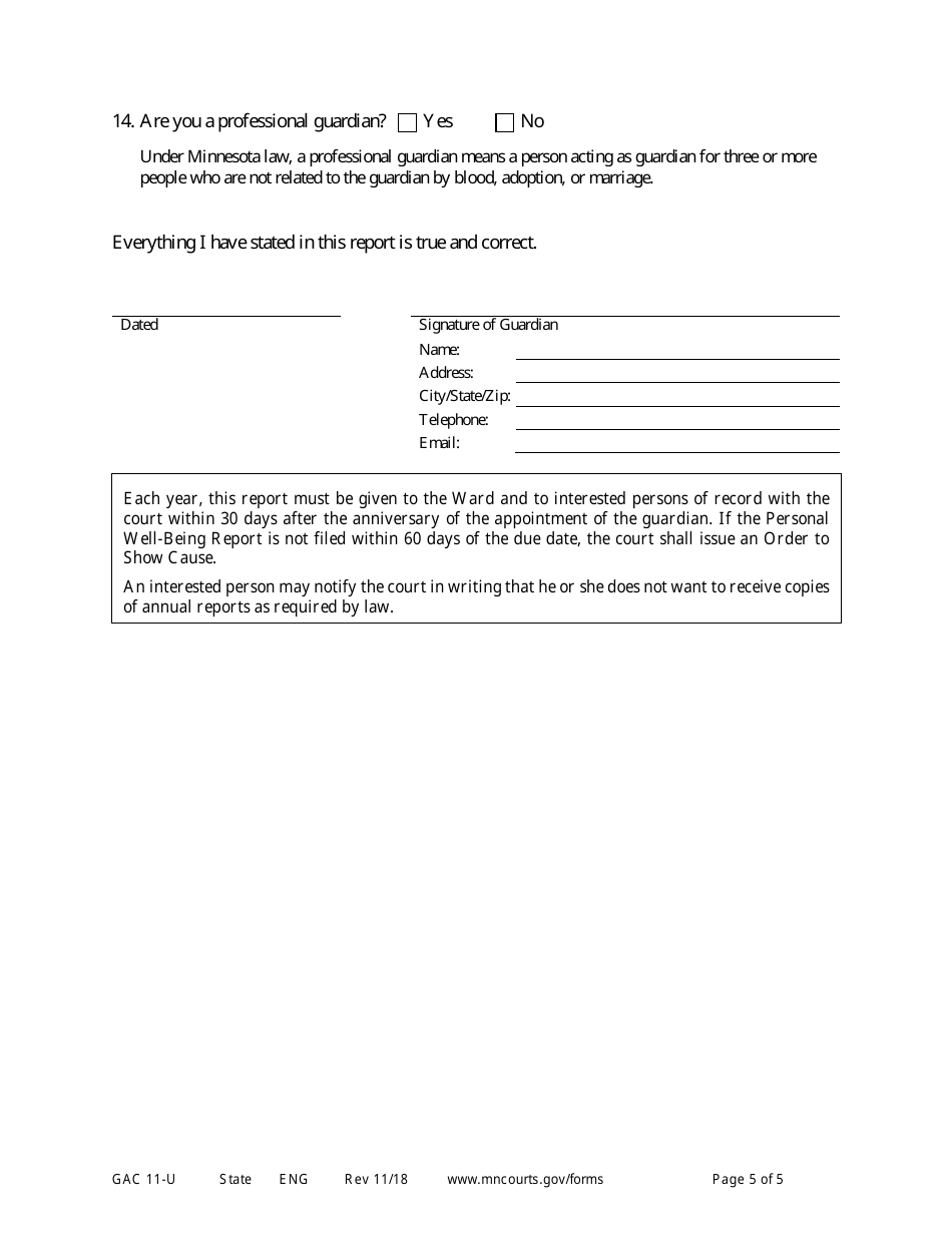 Form GAC11-U Personal Well-Being Report (Guardianship) - Minnesota, Page 5