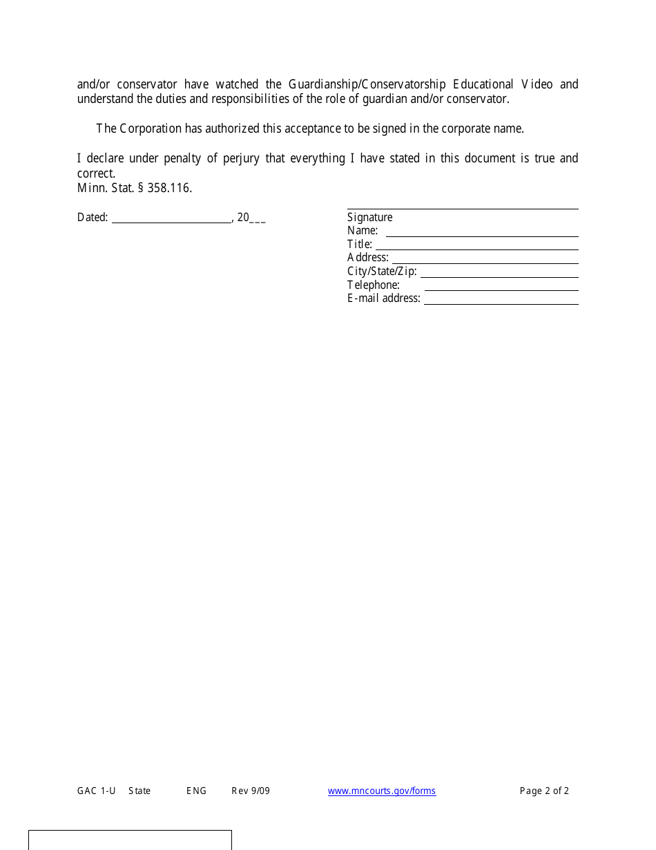 Form GAC1-U Acceptance of Appointment by Conservator / Guardian - Minnesota, Page 2