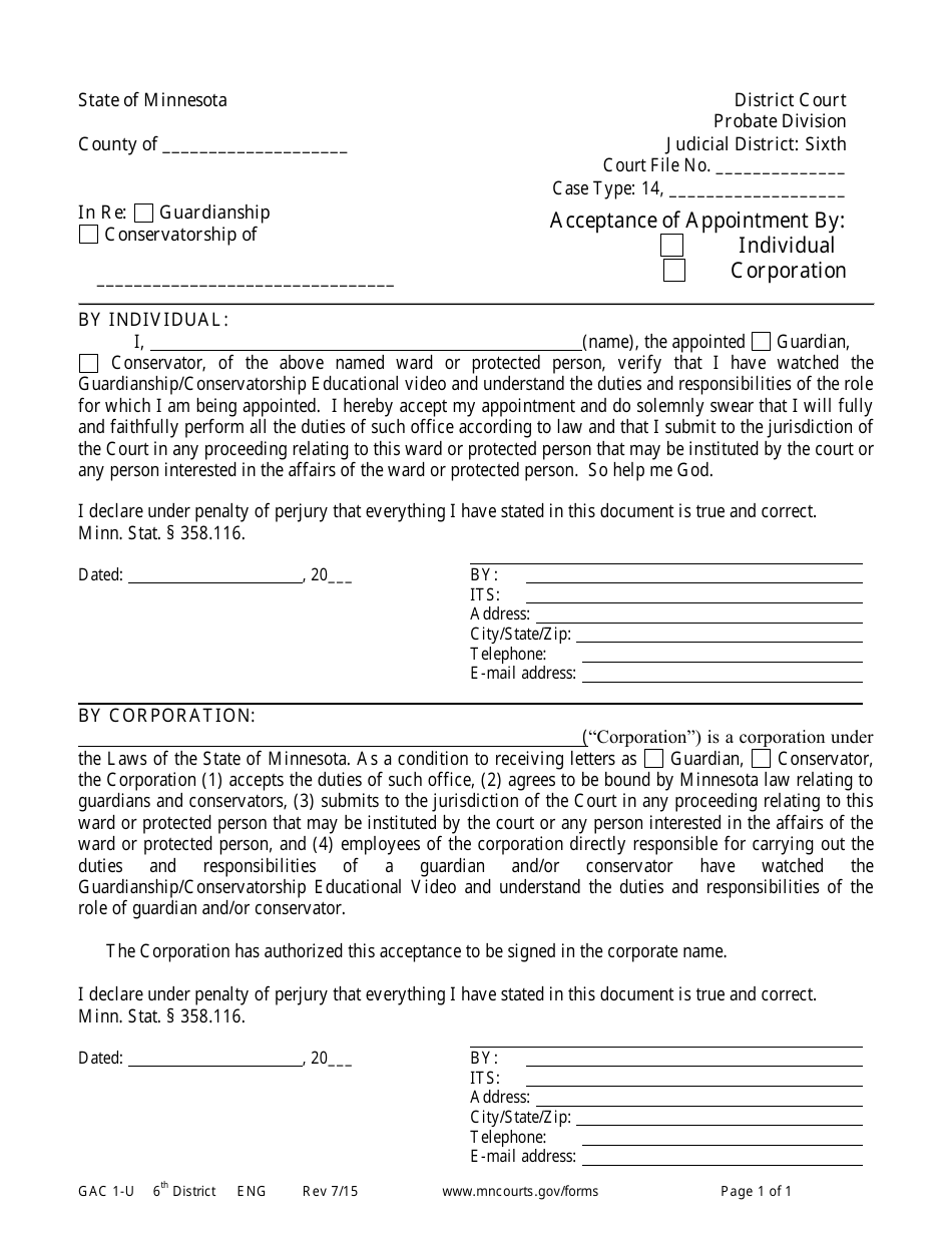 Form GAC1-U Acceptance of Appointment by Conservator / Guardian - 6th District - Minnesota, Page 1