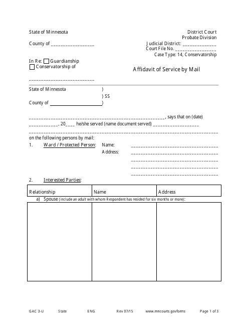Form GAC3-U Affidavit of Service by Mail - Minnesota