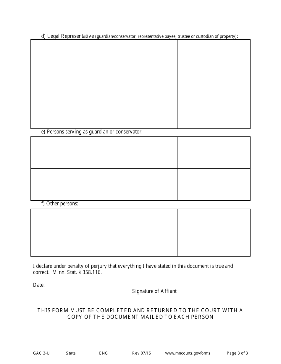 Form GAC3-U Affidavit of Service by Mail - Minnesota, Page 3