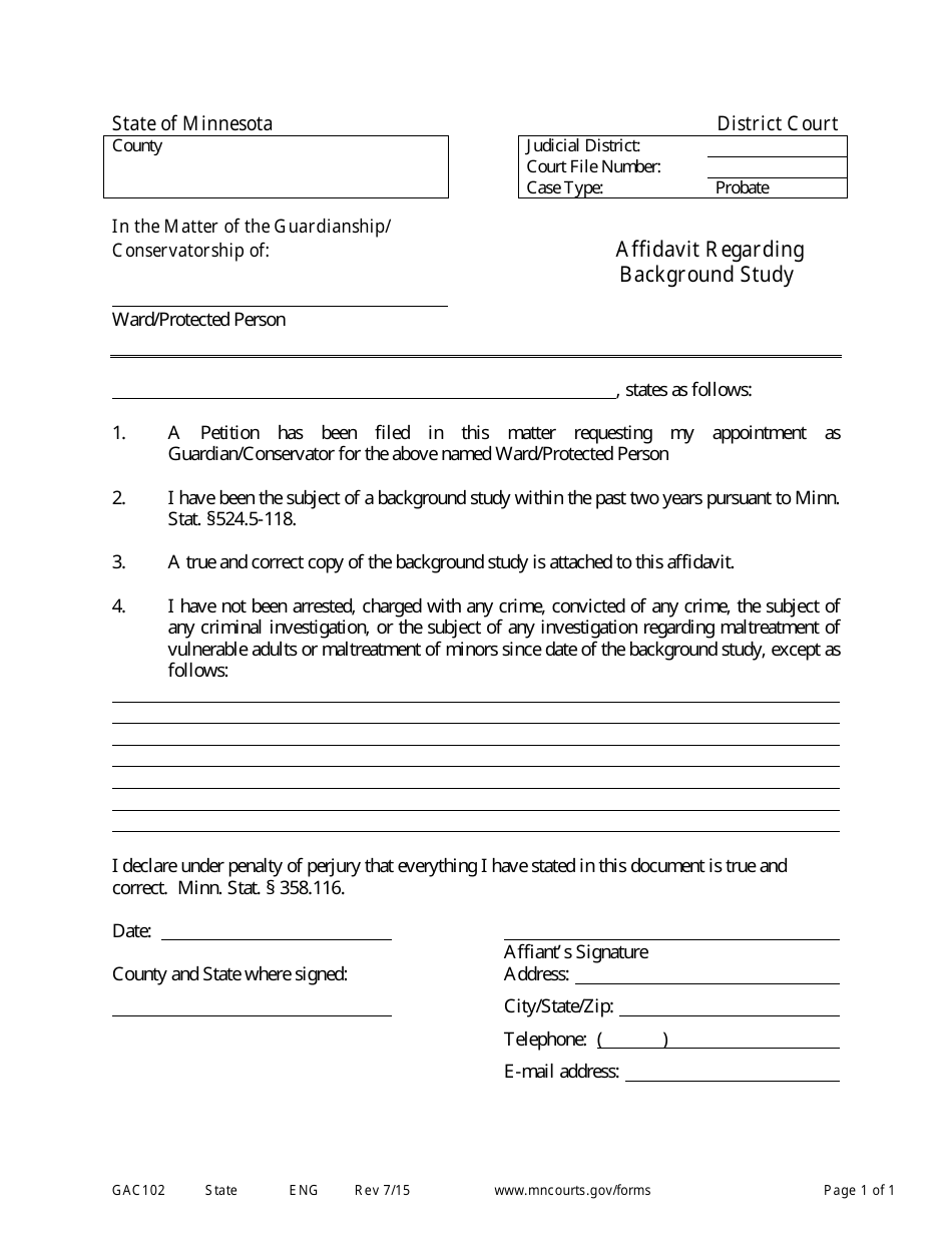 Form GAC102 Affidavit Regarding Background Study - Minnesota, Page 1