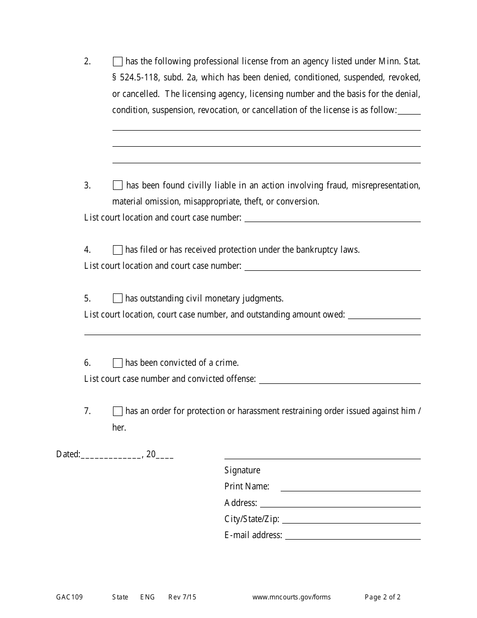Form GAC109 Guardian / Conservator Report - Minnesota, Page 2