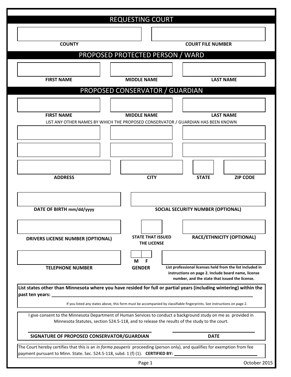 Form GAC103 DHS Background Check Form - Minnesota, Page 1