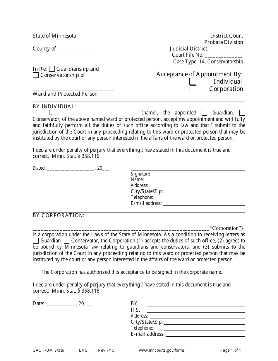 Form GAC1-UM Acceptance of Appointment by Conservator / Guardian (Minor) - Minnesota, Page 1