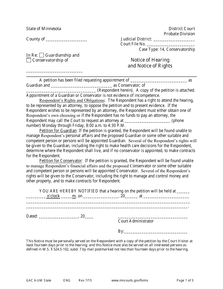 Form GAC6-UM Notice of Hearing and Notice of Rights (Minor) - Minnesota, Page 1